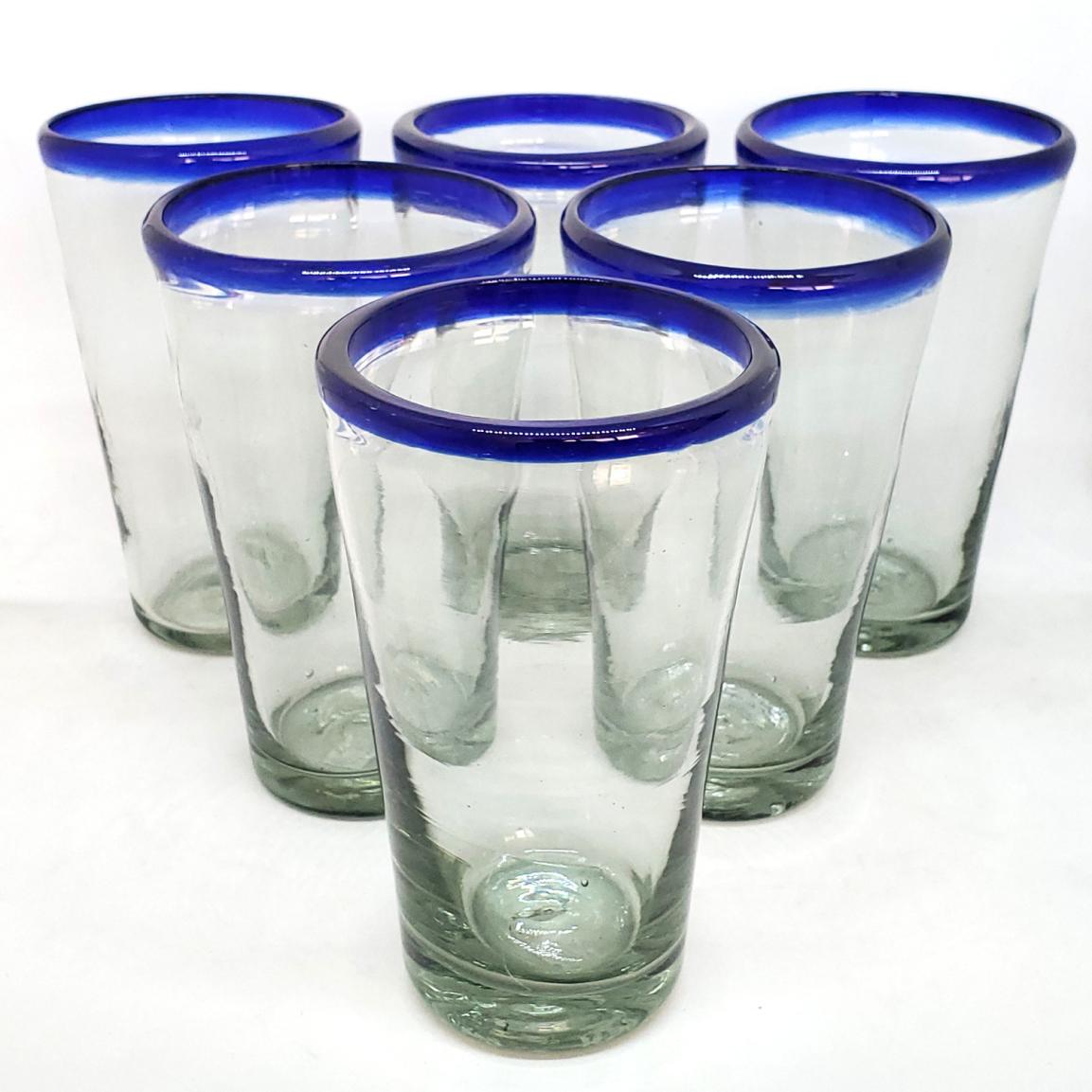 Juego de 6 vasos para cerveza con borde azul cobalto, 16 oz, Vidrio Reciclado, Libre de Plomo y Toxinas